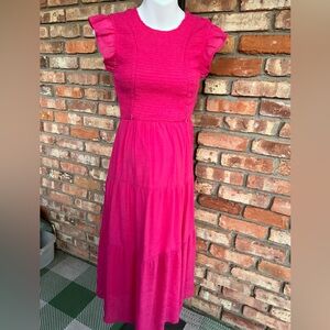 Fuschia smocked nursing dress, with Ruffle Sleeve and hidden zippers. Size large